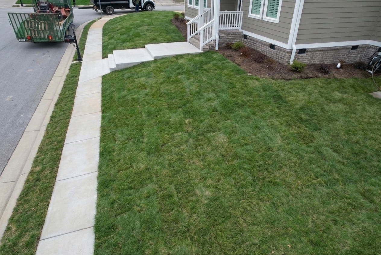 Freshly installed sod by Ray Lawns in Ooltewah TN with clean edges along sidewalk and front steps
