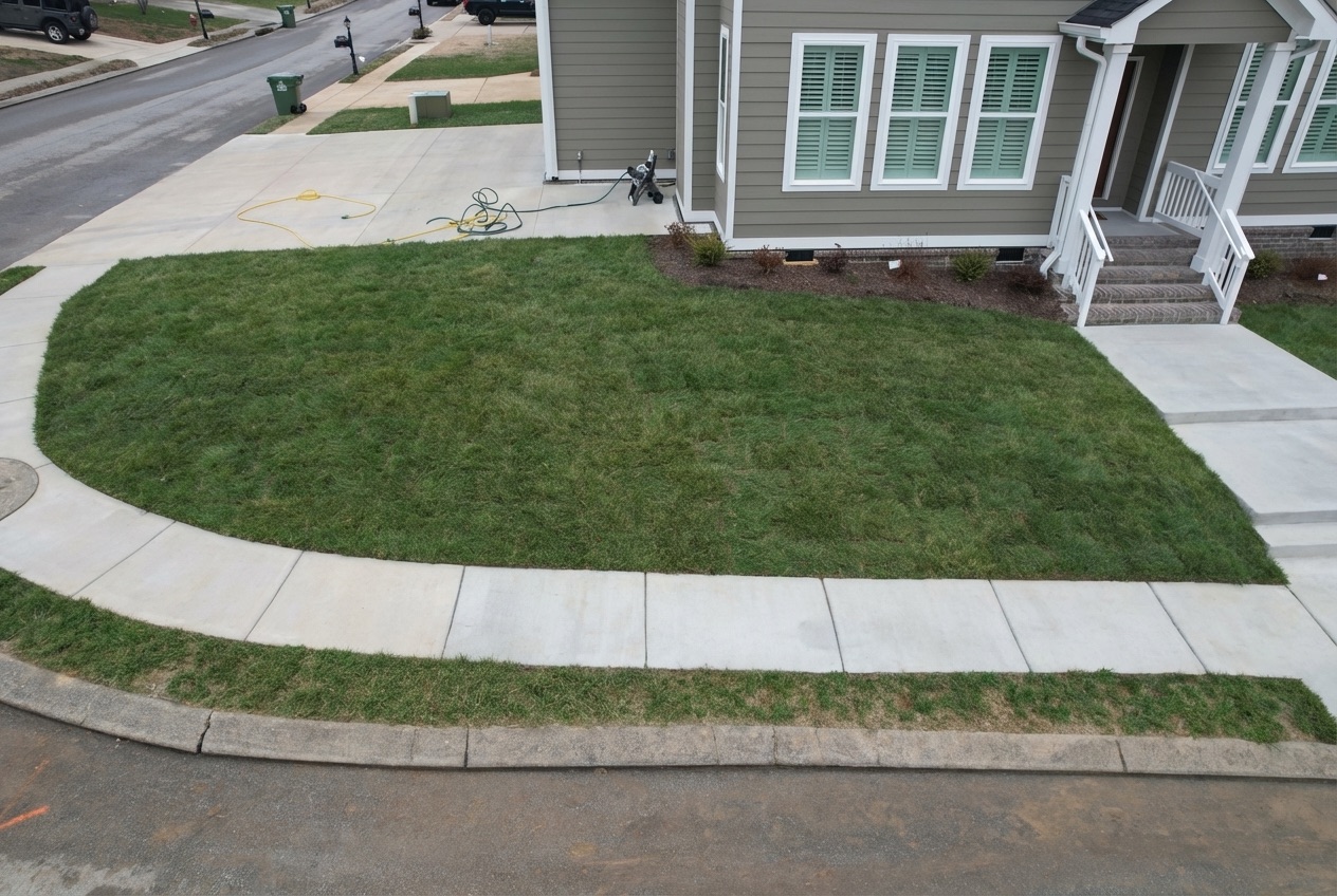 Wide shot of a finished Ray Lawns sod installation — vibrant green lawn, Chattanooga neighborhood.