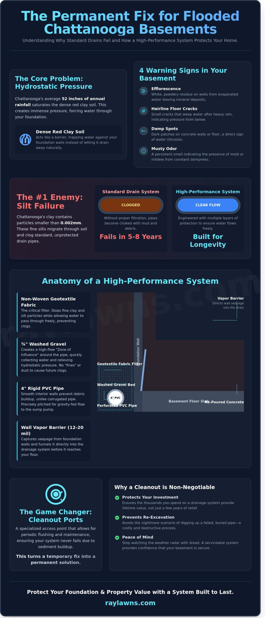 Basement French Drain Systems with Cleanouts: Protecting Ooltewah Homes from Groundwater - Infographic