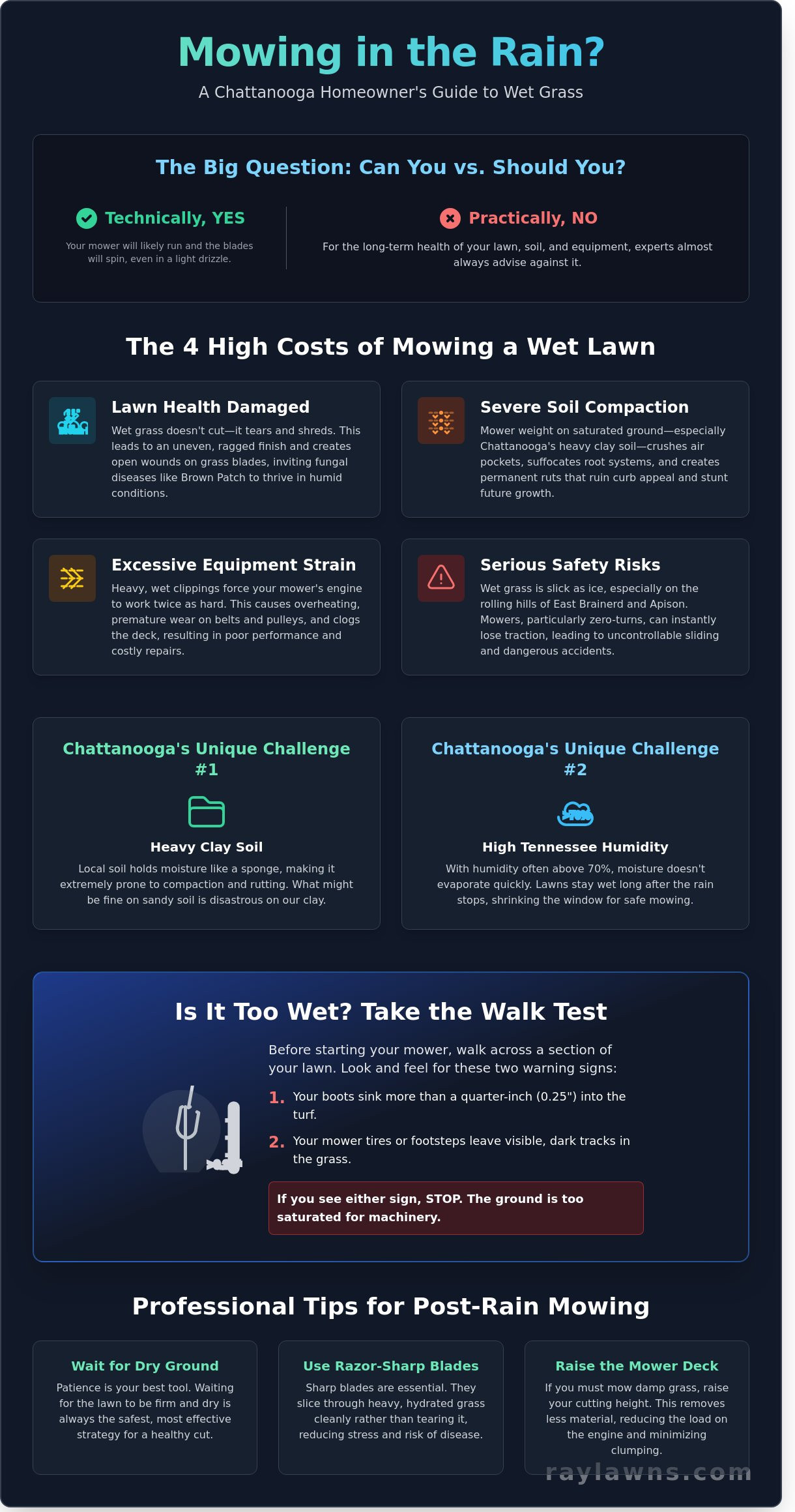 Can You Mow in the Rain? A Chattanooga Expert’s Guide to Wet Grass - Infographic