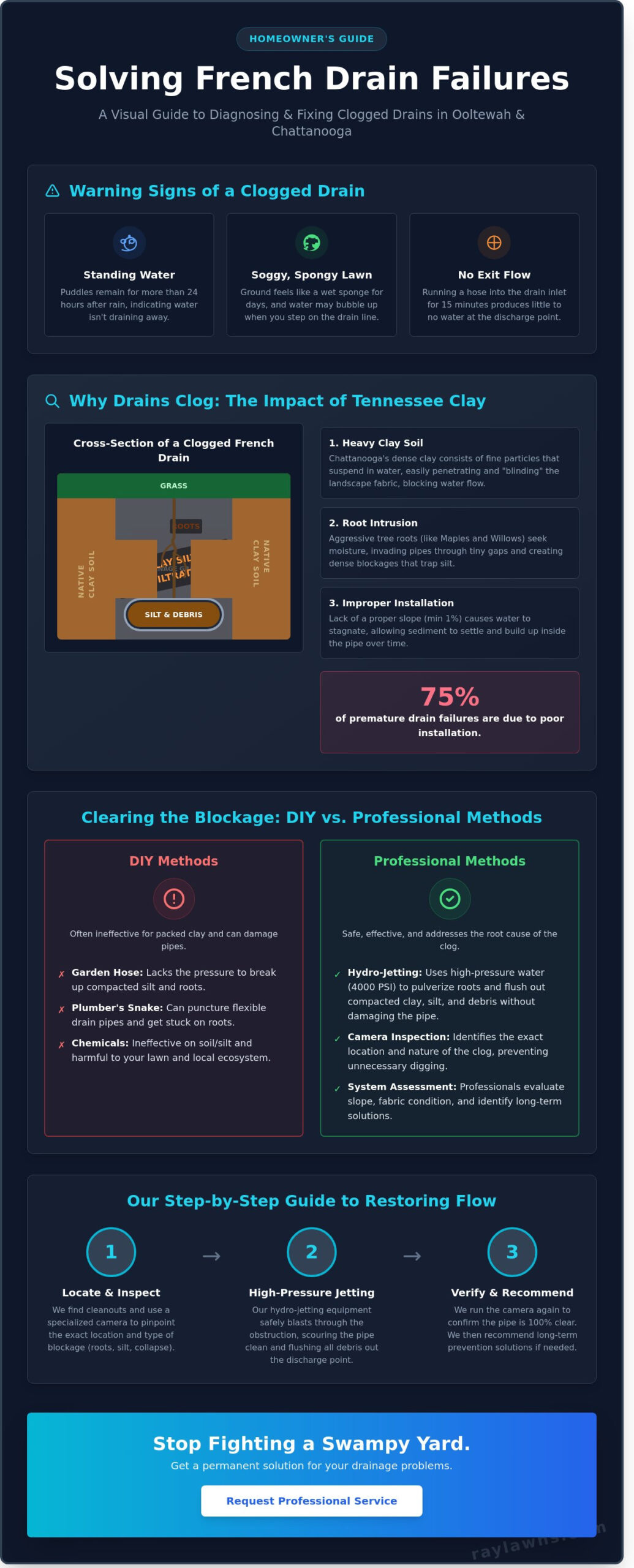 Unclogging a French Drain in Ooltewah: A Professional Guide to Restoring Your Yard Drainage - Infographic